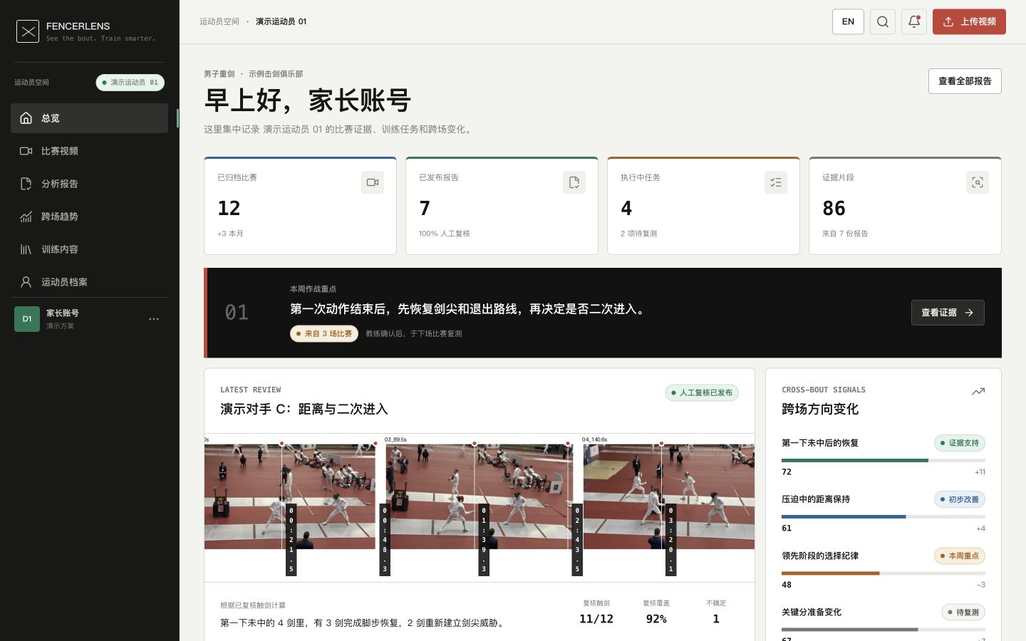 FencerLens 击剑视频分析总览产品截图